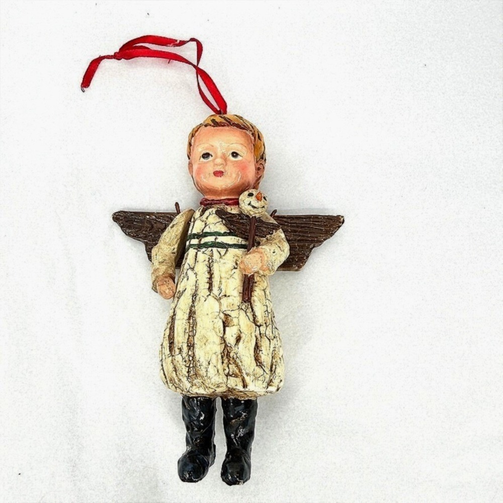 Bethany Lowe Boy Angel-Snowman Wand Folk Art Ornament Figurine Crackle Primitive